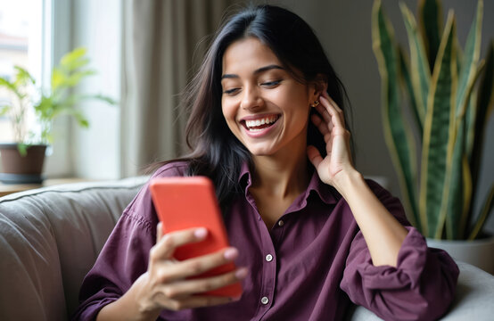 Young indian woman laughs while holding smartphone indoors. She relaxes on couch at home, enjoying digital content. Connection and communication concept.