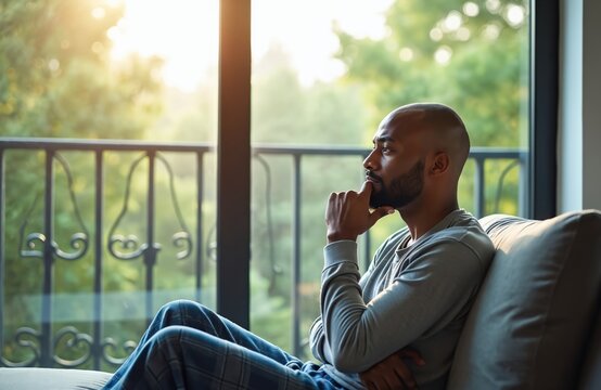 African American man sits on sofa looking out of window in living room. He is thoughtful and contemplative. Man is relaxed in casual clothes on the couch. Trees are visible outside through the window.