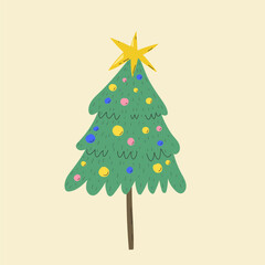 Cartoon hand drawn Christmas tree, vector.