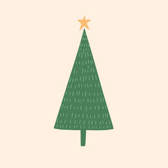 Cartoon hand drawn Christmas tree, vector.