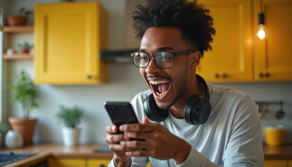 Excited African American man reacts to winning on smartphone in kitchen. Wears glasses, headphones, celebrating success at home. Freelancer student gets good news. Might betting gaming online.