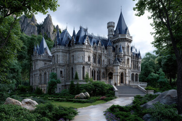 Obraz premium Majestic castle surrounded by lush greenery and rocky mountains in bright daylight