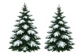 Two festive winter pine trees standing with branches covered in fresh white snow against a transparent background