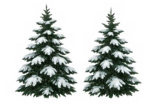 Two festive winter pine trees standing with branches covered in fresh white snow against a transparent background
