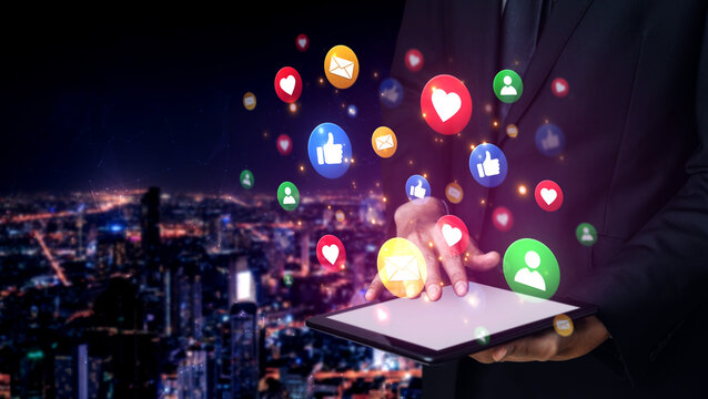 Concept of digital marketing and online communication. A network of user engagement is shown through social media feedback notifications which helps build a strong community. Fermion