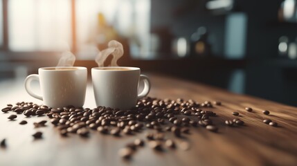 Fototapeta na wymiar Coffee cups with latte art surrounded by roasted beans