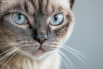 Elegant Balinese Cat Portrait with Striking Blue Eyes Against a Soft Gray Background, Studio Shot