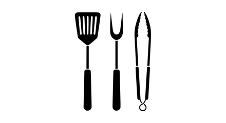 Fototapeta premium Barbecue tools set — spatula, fork, and tongs — minimalist black and white vector design