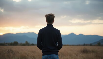Young man stands alone in vast field. Looks at colorful sunset sky, mountains. Person enjoys nature, calm evening. Moment shows peace, freedom, healthy lifestyle, meditation, relaxation, mindful