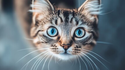 Charming Tabby Cat Portrait with Striking Blue Eyes, Exuding Innocence on a Soft Gray Background