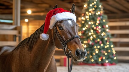 Festive Horse Wearing Santa Hat in Cozy Indoor Setting Surrounded by Christmas Decorations