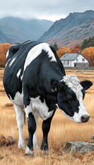 Beautiful Black and White Cow Grazing in Scenic Green Countryside with Mountains in Background