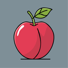 Cartoon illustration of a red apple with green stem and leaf, on a gray background