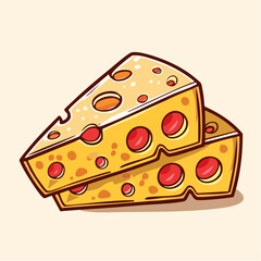 Cartoon illustration of a cheese wedge with holes on a light beige background