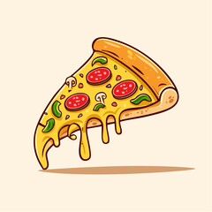 Cartoon slice of pizza with pepperoni, green peppers, mushrooms. Cream background