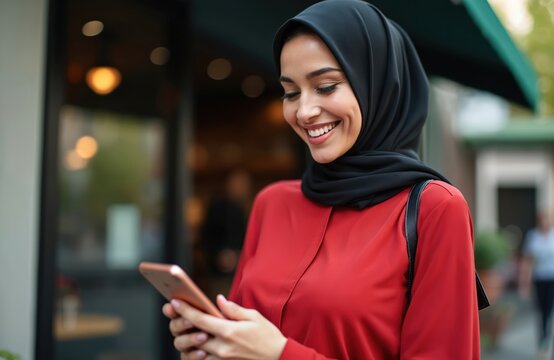 Muslim woman in red hijab and dress smiles, looks at phone. She stands outside coffee shop. Modern life connectivity, urban professional woman with technology.