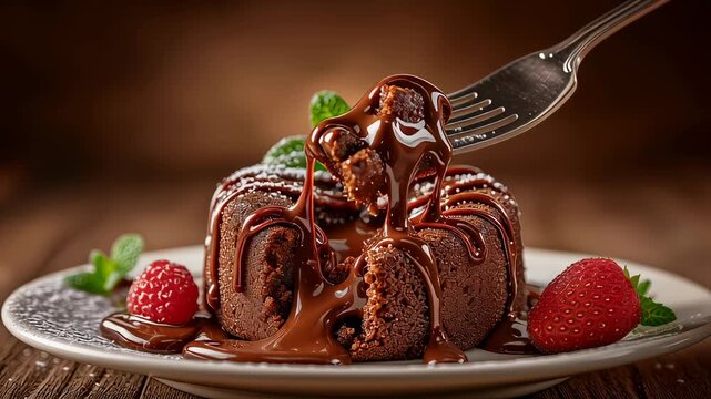 Chocolate cake is being cut with a fork revealing gooey filling. Warm inviting atmosphere with wooden table setting. Concept of desserts, bakeries, restaurants