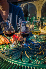 port wine testing, glasses with drink woman holding one