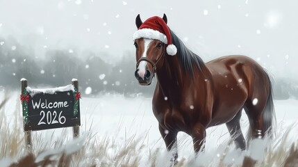 Majestic horse standing in a snowy field, celebrating the New Year 2026 with joy and hope.