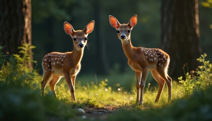 Two baby deer standing on green grass in forest glade. Young fawns with brown fur, white spots look at camera. Wildlife scene with deer in natural habitat. Cute animals in forest environment. Deer in