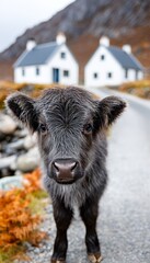 Charming Highland Calf on a Scenic Road Trip, Captivating View in the Beautiful Scottish Highlands