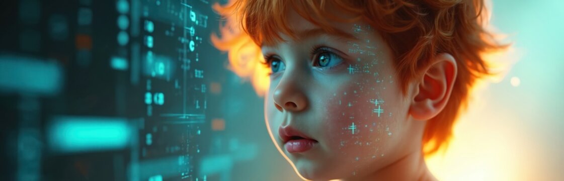 Young red-haired child looks at glowing digital interface. Tech data, code project on face. Kid observes cyberspace info on screen. Future gen learns science, AI programming for education, global - Powered by Adobe