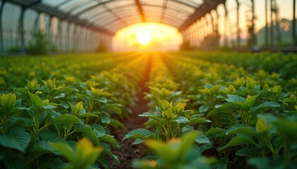 Fototapeta premium Greenhouse with crops bathed in sunlight eco challenges. Farming under artificial sun raises questions on food production. Concept illustrates impact of climate change on agriculture, resources.