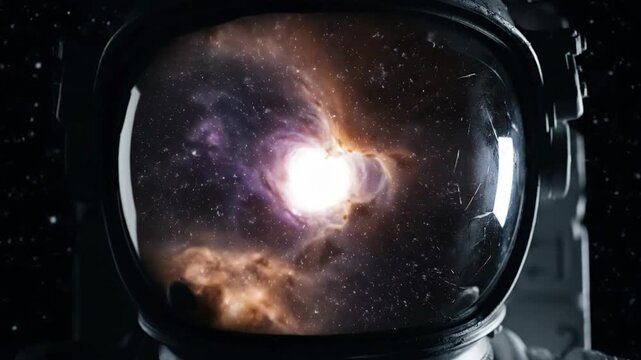 Astronaut floating alone near black hole event horizon. Cosmic nebula reflections in helmet visor showing space exploration journey toward singularity. Sci-fi adventure footage of solitary voyager in