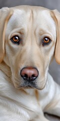 Charming Labrador Retriever with Expressive Eyes on Soft Gray Background, Adorable Canine Portrait
