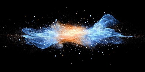Abstract Digital Explosion with Vibrant Blue and Orange Energy Particles on a Deep Black Background