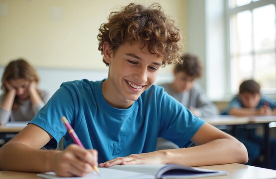 Happy teenage schoolboy studies in classroom. Male student writes in notebook at desk. Other pupils blurred. Education at high school concept. Boy smiles during lesson.