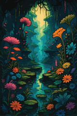 Ethereal Overgrown Cliffs and Colorful Flowers
