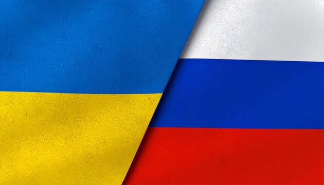 Two national flags—Russia and Ukraine—hoisted on flagpoles against a partly cloudy blue sky.