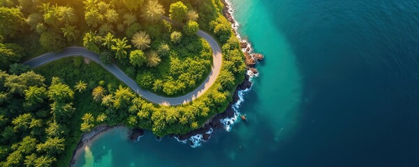 Aerial view of a winding road through tropical forest by the sea. The road curves along the coast with dense green trees and bushes. Ocean waves crash on rocks. Palm trees stand tall.