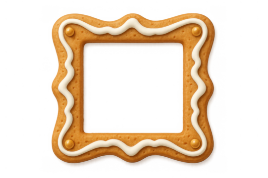Gingerbread cookie frame with white icing and golden sprinkles, festive square baking for christmas holiday celebration