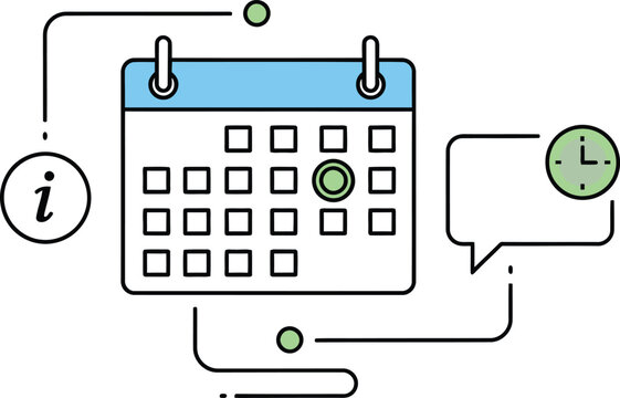 Calendar with information and notification icons for scheduling and planning