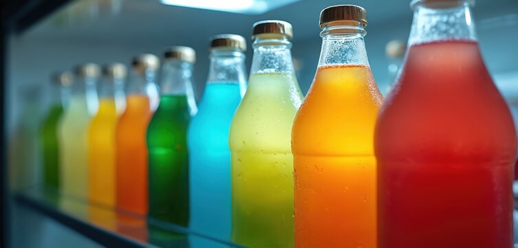 Colorful electrolyte drinks in glass bottles with caps arranged in row inside modern fridge. Bottles contain vibrant colored beverages for hydration. Refreshing drinks chilled, ready for consumption.
