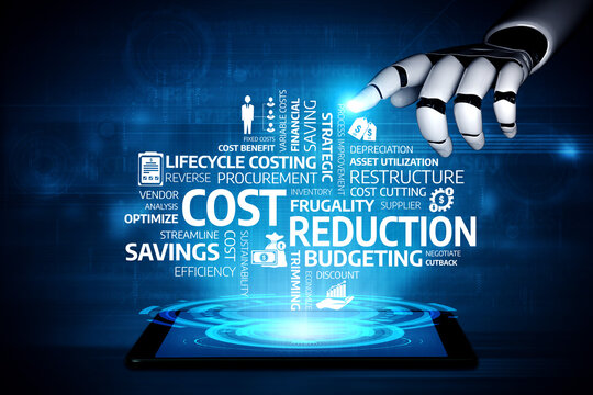 Abstract illustration of a robotic hand reaching towards a digital tablet showcasing key concepts like cost reduction and budgeting, representing innovation in business efficiency. Tessel