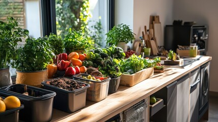 A kitchen counter with a variety of fruits and vegetables, including apples