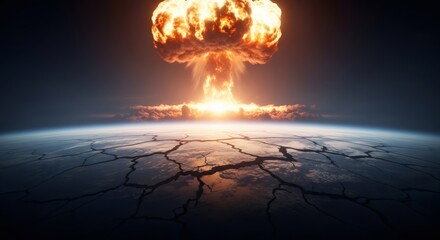 Nuclear explosion over a cracked Earth viewed from space. Apocalyptic mushroom cloud causing global destruction. End of the world and cataclysm concept.
