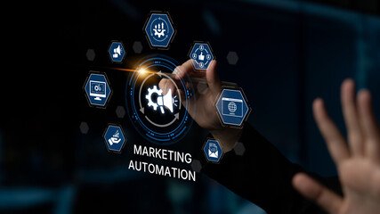 Marketing automation diagram showcase AI-driven campaign workflow, highlight marketing automation, data-driven strategy, marketing automation tools, and market automation process in business. Spline