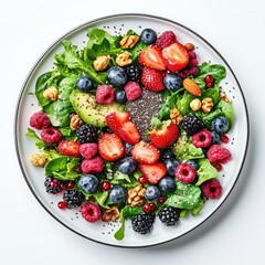 Obraz premium A plate of fruit salad with strawberries, blueberries, raspberries, and walnuts