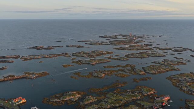 High angle sunrise over Veiholmen village, coastal Norway scenery