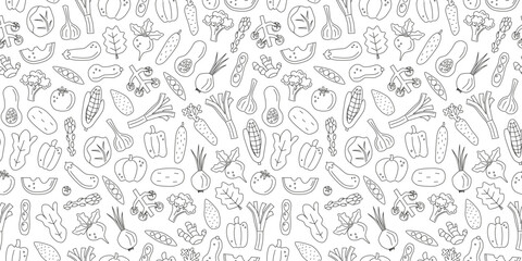Seamless pattern with cute hand drawn outline vegetables on white background. Doodle veggies. Vitamin food in modern style. Autumn harvest farm festival. Healthy vegetarian nutrition.
