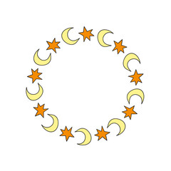 Cute round frame with doodle groovy crescent moon and stars isolated on white background.