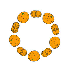 Cute round frame with doodle tangerines isolated on white background. Natural summer illustration. Circle composition with citrus fruits.