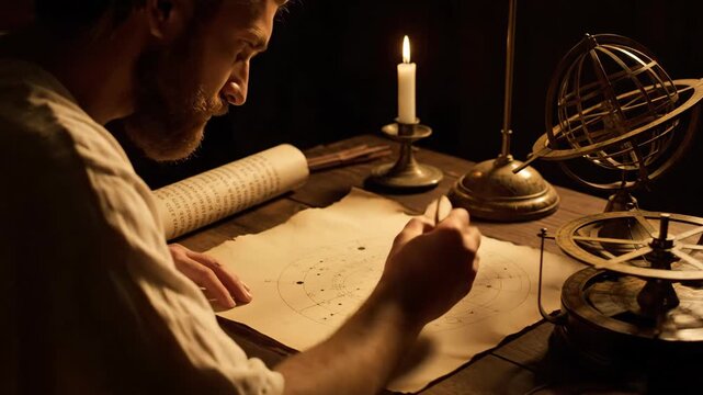 Greek astronomer marking constellations on parchment in candlelit study. Ancient astronomy and stargazing concept with historical tools. Educational science footage.