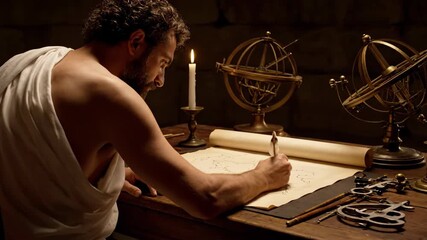 Greek astronomer marking constellations on ancient parchment scroll. Man in tunic using quill and armillary sphere at candlelit table. Historical astronomy study and celestial mapping footage.