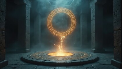 Mystical scene presents summoning circle with ancient glyphs. Hellish portal forms inside. Glowing ring emits energy in dark temple. Dramatic lighting with mystical atmosphere creates fantasy horror