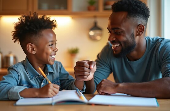 Happy African American father and son fist bump during study time. Smiling boy and dad celebrate success while doing homework together. Black family enjoys home learning.